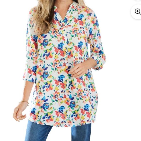Woman Within Womens Plus Quarter Sleeve Tab Front Floral Flowy Tunic Blouse - Picture 16 of 16